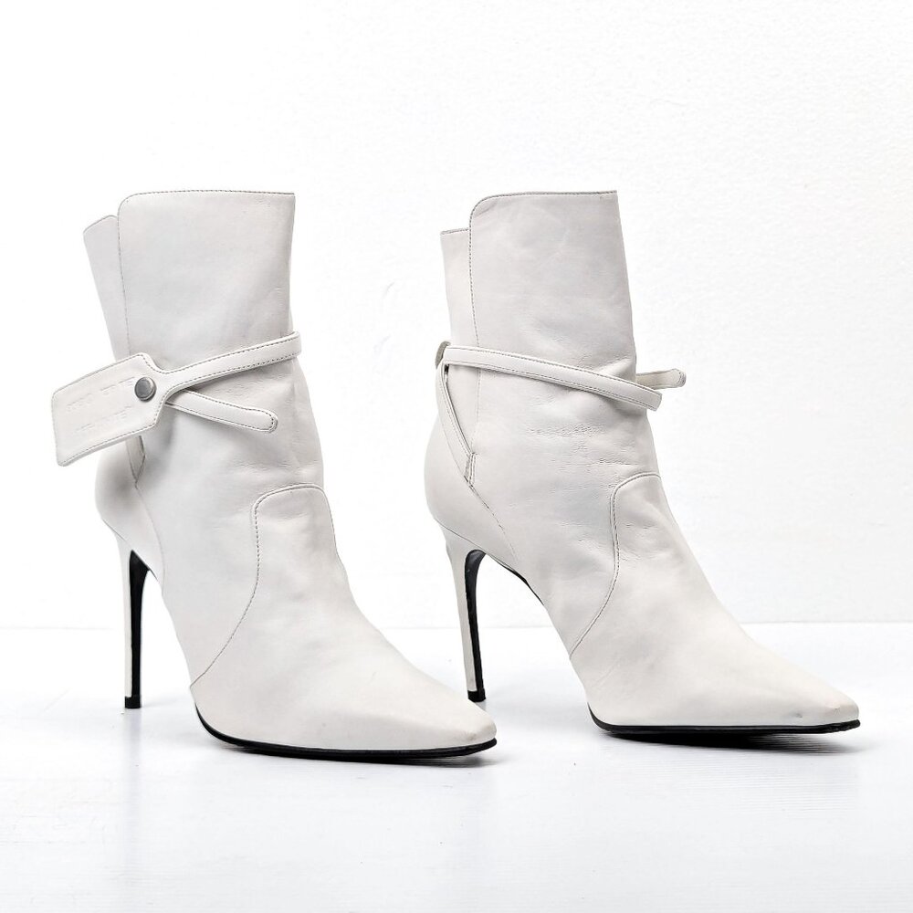 OFF-White Women Zip Tie White Leather Ankle Heel Boots size 7-7.5US EUR 38
